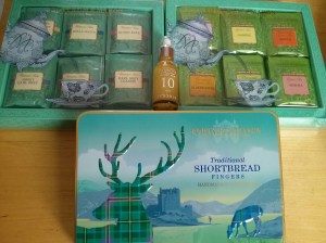 Tea, shortbread, and collagen serum.